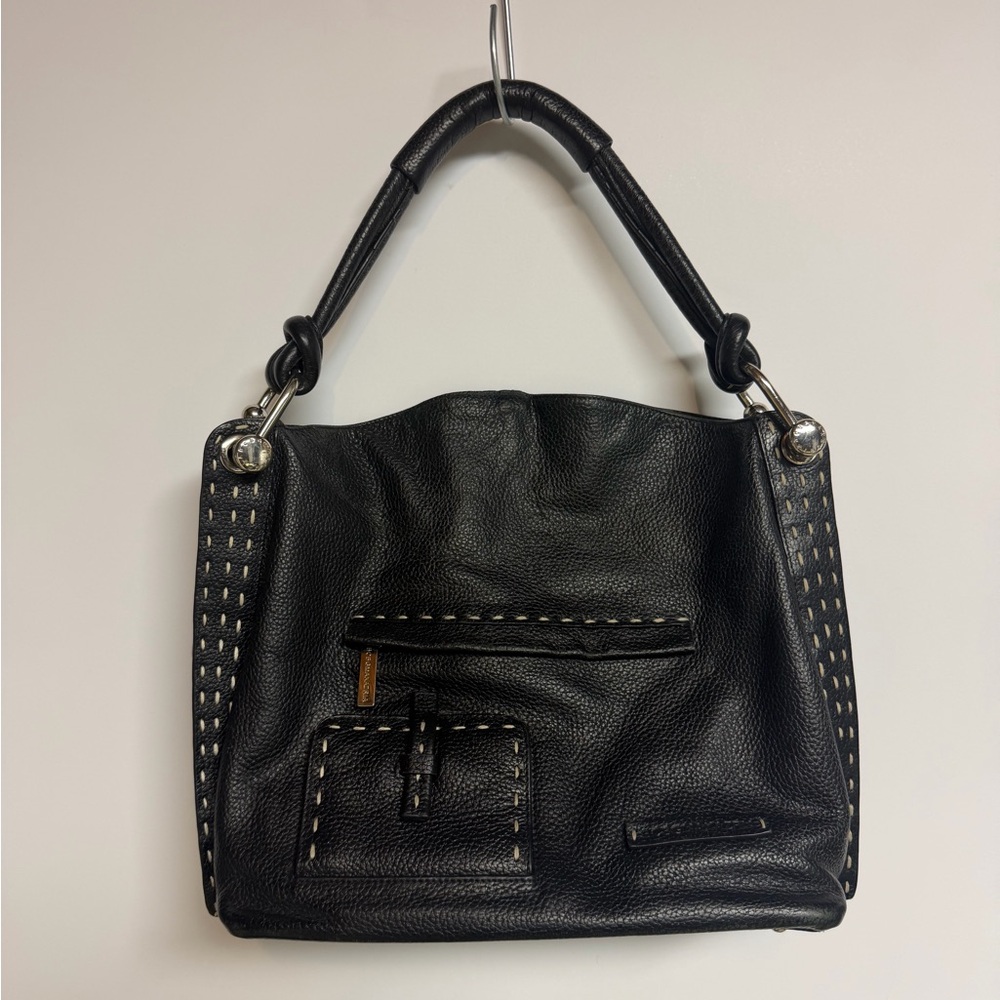 BCBGMAXAZRIA Black Pebbled Leather Hobo Bag Whipstitch Pocket Sholder Tote